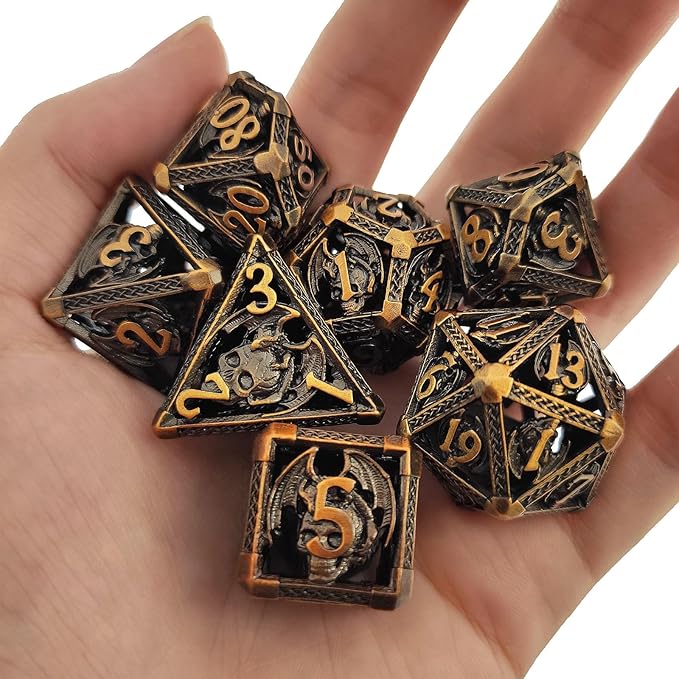 D&D DND Dice Set 7pcs Metal Hollow Polyhedron Dungeons and Dragons Gifts Bag TTRPG MTG Pathfinder Board Game Accessories D and D Roll Playing Dice D20 D12 D10 D% D8 D6 D4-Ancient Gold