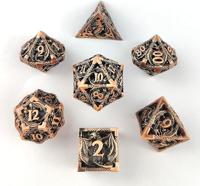Hollow Dragon Metal Dice,Unique Dungeons and Dragons Polyhedral Dice Set for D&D TRPG,MTG,Pathfinder,Table Board Roll Playing Games D4 D6 D8 D10 D% D12 D20 (Copper)