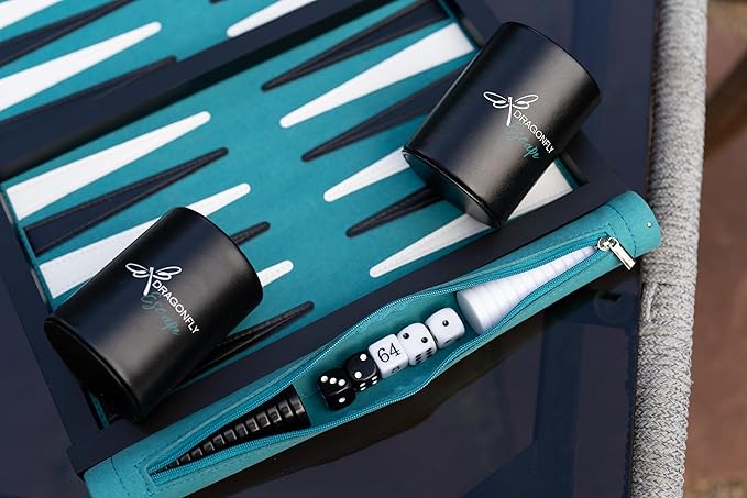 Deluxe Travel Backgammon Set – Roll-Up Board with Magnetic Wooden Frame, Dice Cups and Bag - Unique Travel Backgammon Set for Adults