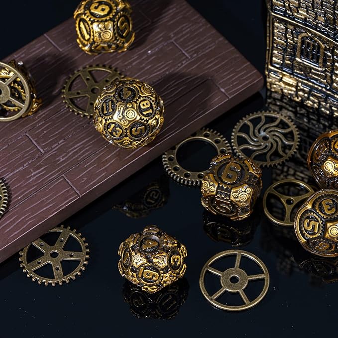 Metal Dice Set D&D, 7-Die DND Dice Metal Gear Dice with Gift Bag for DND Dungeons and Dragons Role Playing Games(Antique Gold)