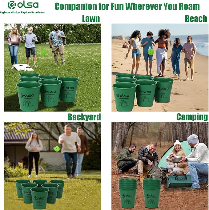 Olsa Giant Yard Pong Outdoor Games, Toss Family Games with 12 Buckets, Balls & Strength Carrying Bag for Beach Camping Lawn Backyard, Outdoor Games for Adults and Family (Green&Red)