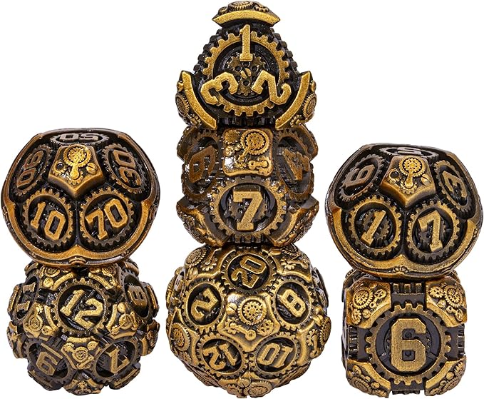 Metal Dice Set D&D, 7-Die DND Dice Metal Gear Dice with Gift Bag for DND Dungeons and Dragons Role Playing Games(Antique Gold)