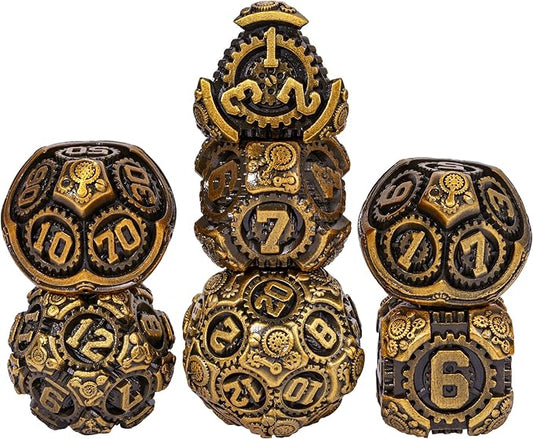 Metal Dice Set D&D, 7-Die DND Dice Metal Gear Dice with Gift Bag for DND Dungeons and Dragons Role Playing Games(Antique Gold)