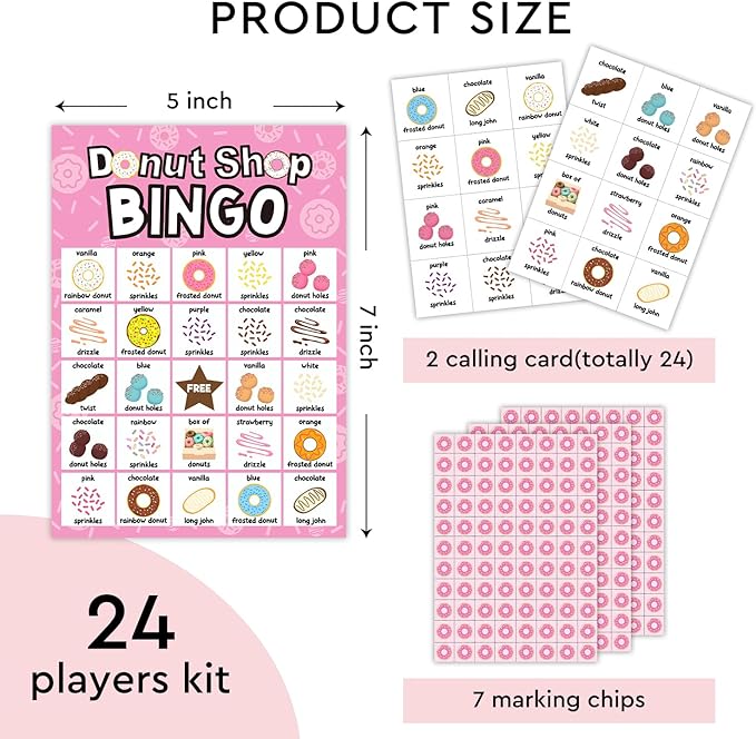 Donut Shop Bingo Cards, Donut Bingo Game, 24 Players, Sweet Treats Party Activities for Family Friends, Bingo Game for Large Group Party