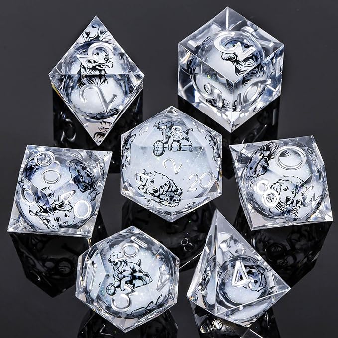 KERWELLSI Dog Liquid Core DND Dice Set with Gift Box, 7 Pcs Resin Sharp Edged Dice, D and D Polyhedral Role Playing Dice D20 D12 D10 D8 D6 D4, White