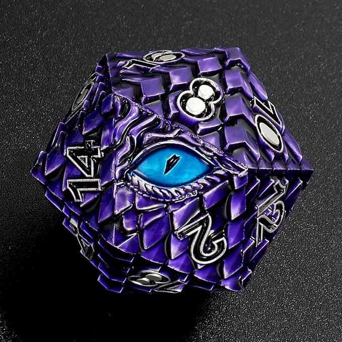 Dragon Eye Scale DND Metal Dice,33mm 20 Sided Giant D20, Large Polyhedral Dice, D&D Metal Dice Set for Dungeons and Dragons, RPG, MTG & Tabletop Games(Purple with Blue Eye)
