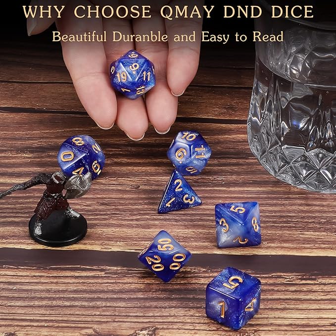 QMAY DND Dice Set -D&D Polyhedral Dice (7 Pcs) for Dungeons and Dragons (Deep Blue Sky)