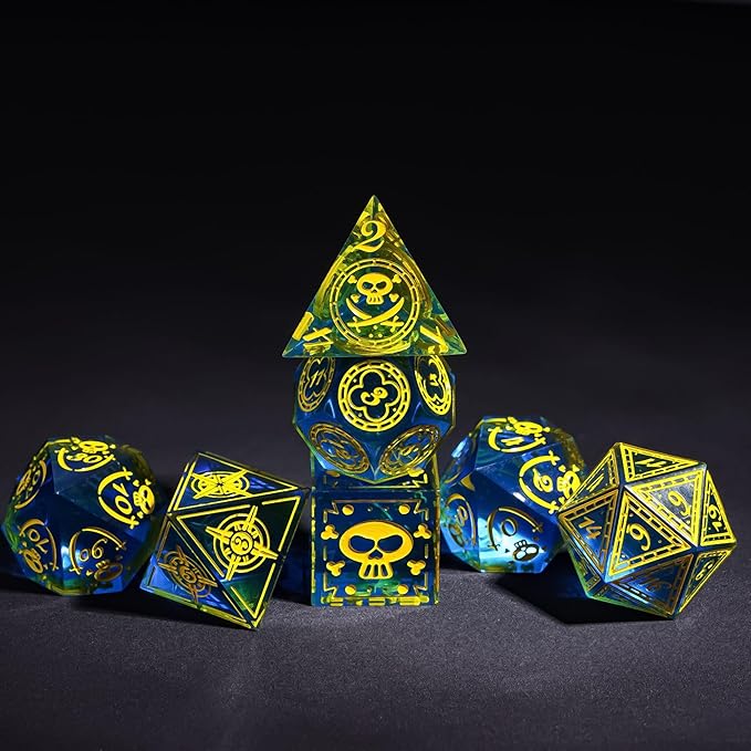 Cusdie 7-Piece Sharp Edges DND Dice Set with Pirate Design - Perfect for Tabletop RPGs Board Games Gifting and Collecting(Blue w/Yellow Pirate Pattern)