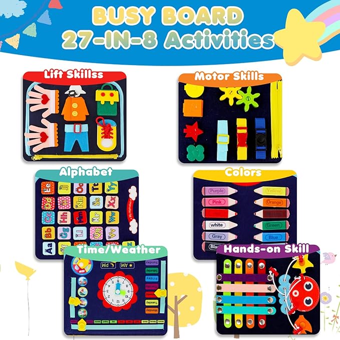 Satisure Toddler Busy Board, Busy Board Montessori Toy for 2 3 4 Year Old, Toddler Activity Book Travel Toys for Preschool Sensory Busy Activities Learning Busy Toy,Gift for Boys Girls Dinosaur