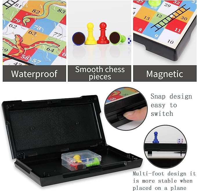 KIDAMI Magnetic Snakes and Ladders Game Set with Storage Box, Folding Design and Light-Weight, Gift for Kids and Adults.