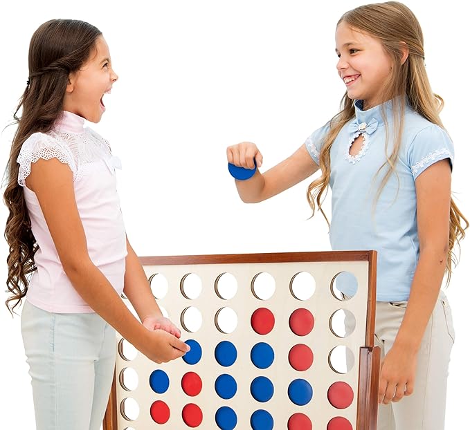 Hey! Play! 4-in-A-Row-Giant Classic Wooden Game for Indoor and Outdoor Play-2 Player Strategy and Skill Fun Backyard Lawn Toy for Kids and Adults