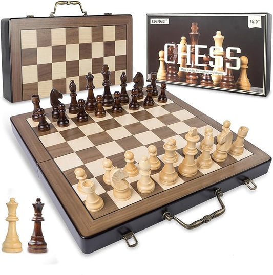 18.5 Inch Wooden Chess Set with Handle,Chess Sets for Adults Kids Portable Folding Board Games with 4.5" King and 2 Extra Queens Handmade Large Pieces with Storage Slots
