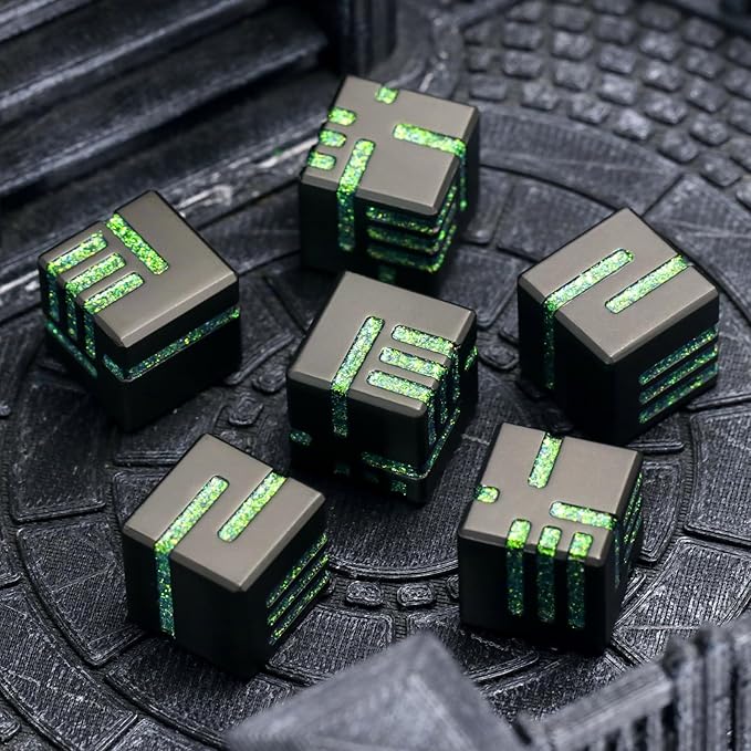 D6 Dice Set of 6 Pcs 16mm, Cool Fancy 6 Sided Dice Great Metal D6 for DND RPG Dungeons and Dragons (D6 Matte Black & Glitter Green)