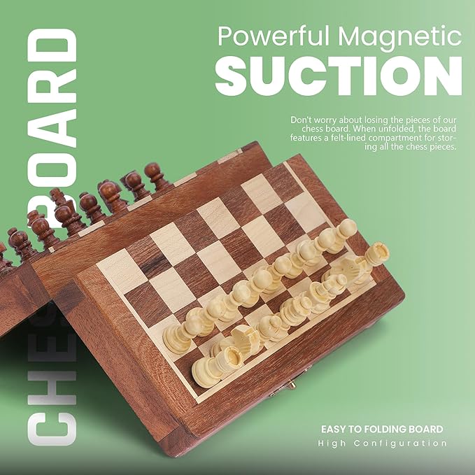Ajuny Magnetic Travel Chess Set - Handcrafted Acacia Wood, Foldable Board with Elegant Storage Ages