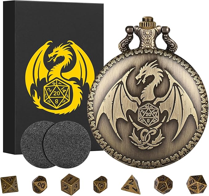 Mini DND Dice Set with Steampunk Dragon Pocket Watch Shell Case, Tiny 7pcs Polyhedral Metal D&D Dice, DND Gifts with Gift Box Greeting Card, Role Playing Board Games Accessories