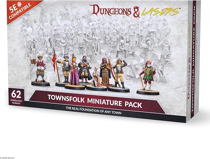 Dungeons & Lasers Townsfolk DND Miniatures Set - 62 NPC Figures with Scenic Bases for D&D and 5E Compatible RPG Games - 28MM, Unpainted, Unassembled - for 14 Years +