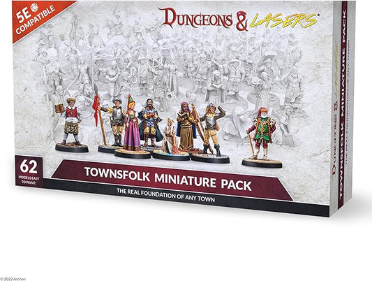 Dungeons & Lasers Townsfolk DND Miniatures Set - 62 NPC Figures with Scenic Bases for D&D and 5E Compatible RPG Games - 28MM, Unpainted, Unassembled - for 14 Years +