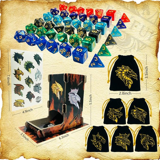6 Sets DND Dice Polyhedral Dungeons and Dragons DND RPG MTG Table Game Dice Bulk with Free Six Drawstring Bags and D&D Dice Tower Black