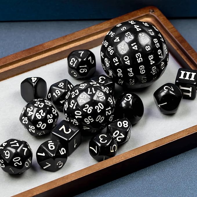 15 Pieces Complete Polyhedral DND Dice Set D3-D100 Spherical D&D Dice Set with Dragon Eye Dice Bag, D100 Dice for Dungeons and Dragons, RPG, MTG Table Games(Black w/White Numbers)