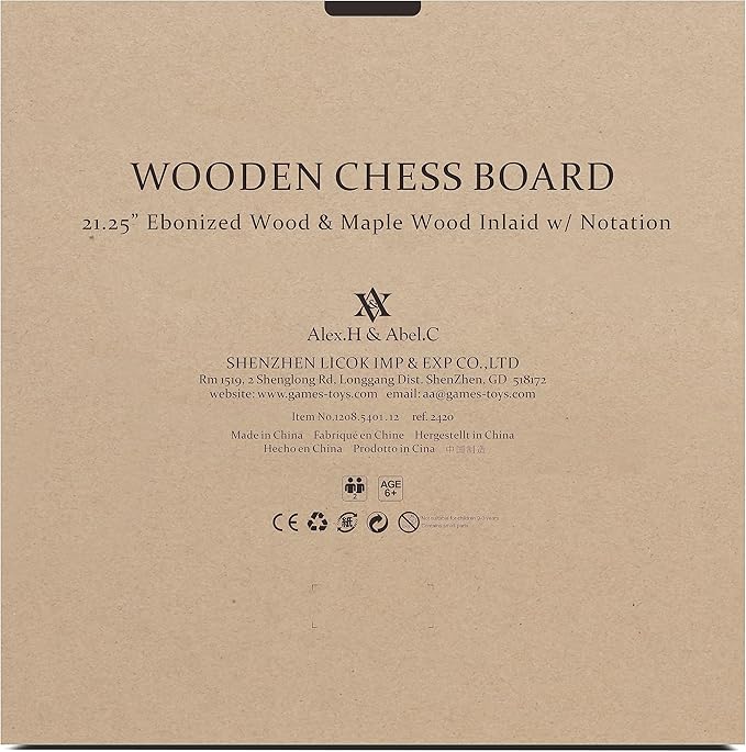 A&A 21.25" Professional Wooden Tournament Chess Board/Ebony Wood & Maple Inlay / 2.25" Squares w/Notation