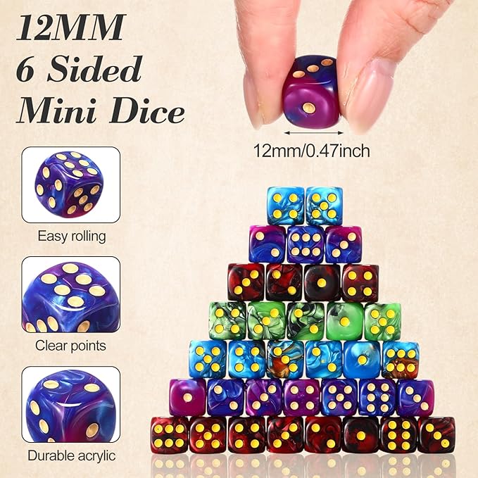 144 Pieces 12mm 6 Sided Mini Dice Set for School Classroom Table Games Marble Two Colors D6 Game Standard Dice with Portable Plastic Box for Bunco or Teaching Math Learning (Retro Color)