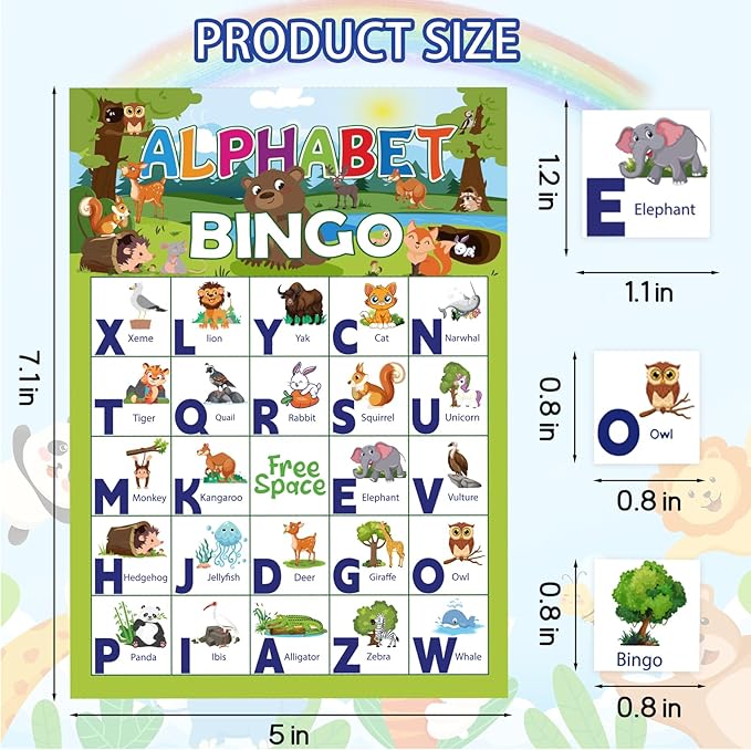 Alphabet Bingo Game for Toddler Adults, 24 Players Letter Bingo Cards Letter Recognition Alphabet Animals Themed Bingo Game Cards for School Classroom Family Activities