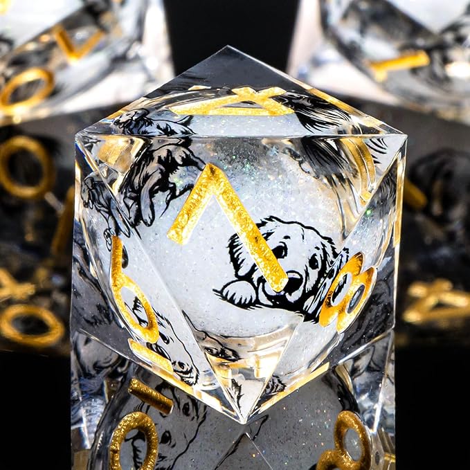 KERWELLSI Dog Liquid Core DND Dice Set with Gift Box, 7 Pcs Resin Sharp Edged Dice, Role Playing Dice D20 D12 D10 D8 D6 D4, White and Gold