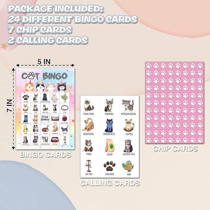 Cat Bingo Cards, Kitten Theme Game for 24 Players, Bingo Activities for Adult, Pawty Party Favors Supplies Decorations(01)