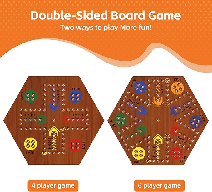 Wooden Board Game, Board Game Original Marble Game Double Sided Painted 2 to 6 Player Fast Track Wooden with 6 Colors 24 Marbles 6 Dice for Adults Kids Family(24 INCH Flame)