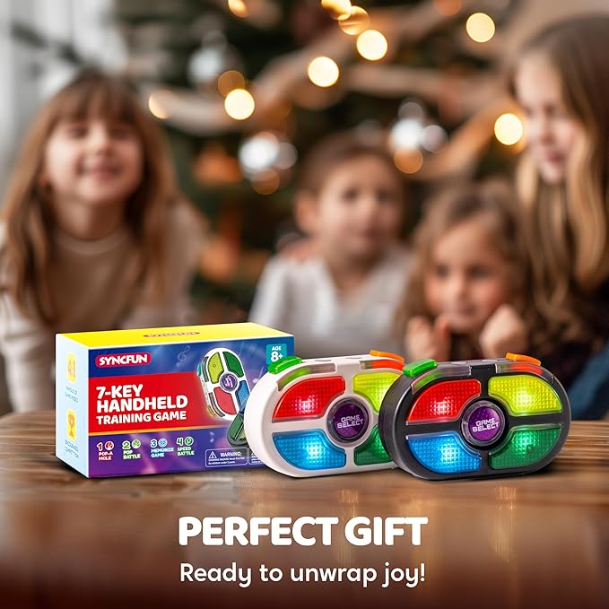 SYNCFUN 7-Key Handheld Game with 4 Game Modes, Board Games for 1 or 2 Players, Lights and Adjustable Sound, Ages 8+ (2-Pack)