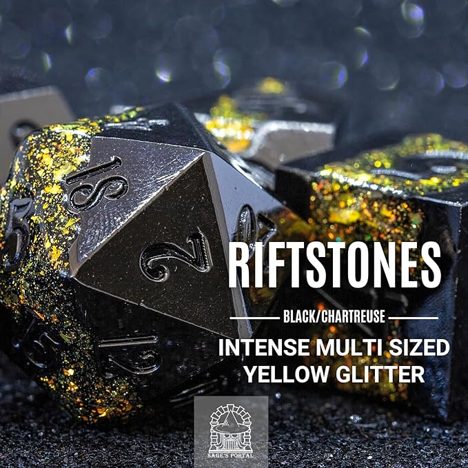 Sage's Portal Metal Riftstone DND Dice 7-PC Polyhedral Dice Set for DND TTRPG Dungeons and Dragons Pathfinder Oversized Designer Dice (Gloss Black/Chartreuse)