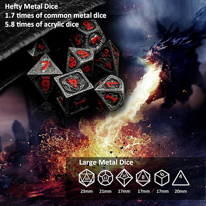 Haxtec Metal DND Dice Set Black Red Dragon D&D Dice Set with Leather Dice Bag Metal Polyhedral Dice for Dungeons and Dragons Gifts TTRPG Dice