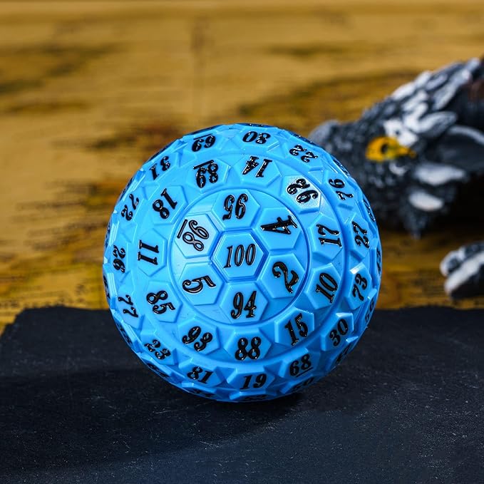 100 Sided Polyhedral Dice, Single D100 Game Dice, 100 Sided Cube with Black Pouch, D100 Die 48MM (Blue with Black Number)