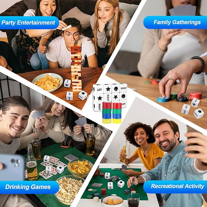Left Right Center Dice Game Set - 4 Pack with 3 Dice, 24 Chips, and Instructions per Set - Easy Storage Box Design for Travel,School, Parties, and Family Gathering (4)