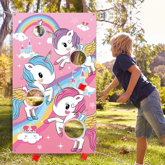 Blulu Unicorn Bean Bag Toss Game for Kids Outdoor Toys Unicorn Toss Game Banner with 3 Nylon Bean Bags Birthday Party Game Backyard Yard Activities for Toddler Birthday Gift for Girls