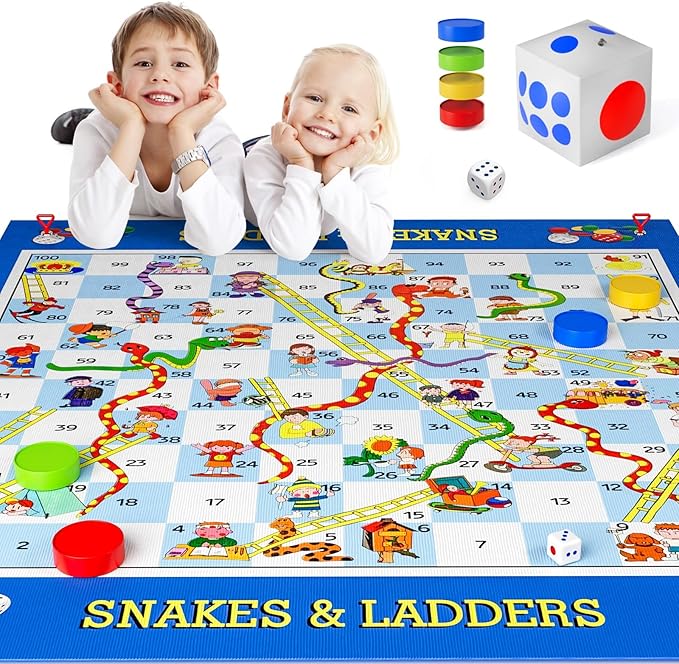 Big Snakes and Ladders Board Game for Kids Adults - Indoor Outdoor Board Game Set with 70" Playing Mat, Inflatable Dice, Chess Pieces & Dice, Educational Toy Birthday Gift for Boys Girls Ages 3 and Up