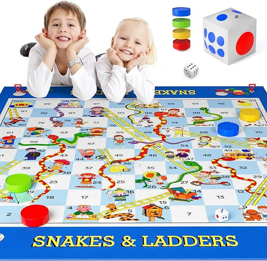 Big Snakes and Ladders Board Game for Kids Adults - Indoor Outdoor Board Game Set with 70" Playing Mat, Inflatable Dice, Chess Pieces & Dice, Educational Toy Birthday Gift for Boys Girls Ages 3 and Up