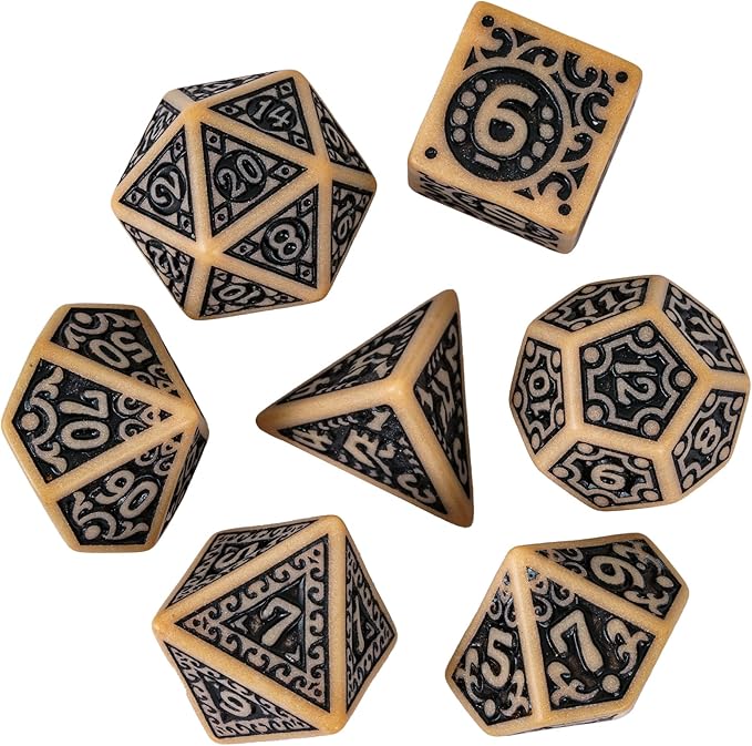 7-Die DND Dice Set New Pattern Polyhedral Dice Set with Leather Bag D&D Dice Set for Dungeons and Dragons RPG MTG Table Games(Brown Black)