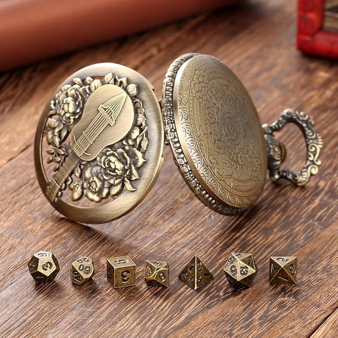 Mini DND Dice Set Steampunk Hollow Bard Pocket Watch Shell Case, 7pcs Tiny Polyhedral Metal D&D Dice Set, DND Gifts with Leather Bag, Role Playing Board Games Accessories, Bronze
