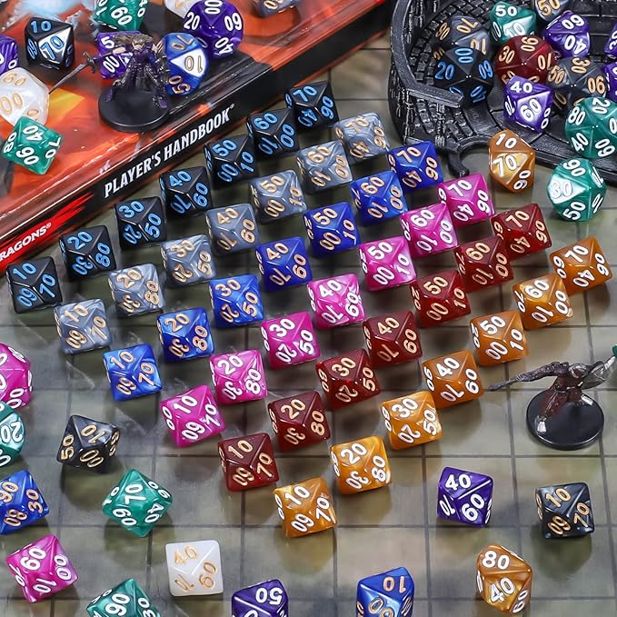 CiaraQ DND Polyhedral Dice (100pcs) with A Dice Bag Compatible with Dungeons and Dragons DND RPG MTG Role Playing Table Games (D% dice, 10 colors-100 pcs)