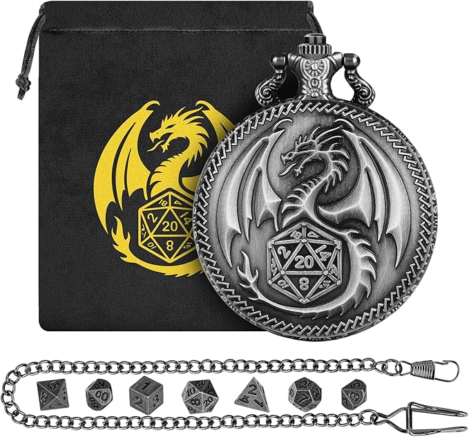Mini DND Dice Set with Steampunk Dragon Pocket Watch Case, Tiny 7-Piece Polyhedral Metal D&D Dice, DND Gifts with Dragon Logo Gift Bag, Role Playing Game Board Game Accessories Dice, Silver