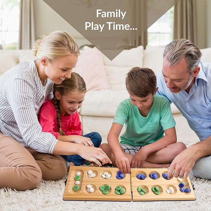 Point Games Solid Wood Deluxe Mancala - Folding Board Game w Metal Latch and Glass Marbles- Portable Strategy Travel Game - Recommended Ages 6+