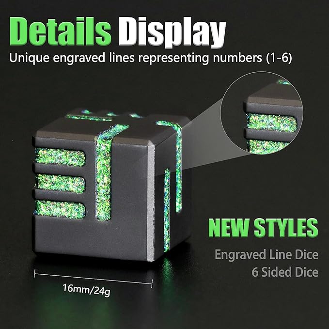 D6 Metal Dice, 16mm 6 Sided Dice Set, ZHOORQI 6Pcs/Set Tech-Themed New Concept Glittery Lines D6 Dice for DND, Tabletop RPGs Gifts（D6-Glitter Green）