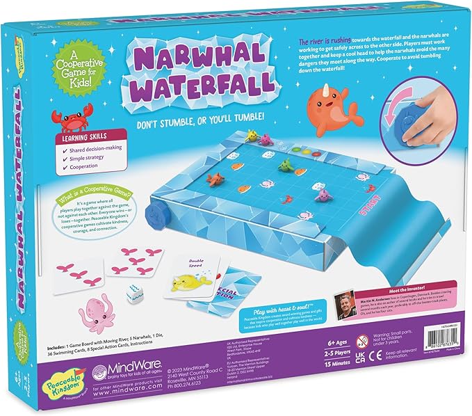 Peaceable Kingdom Narwhal Waterfall Cooperative Game – Fun Games for Kids Ages 6 and Up - Fast-Paced Kid Board Games – Includes Moving Gameboard for Extra Excitement