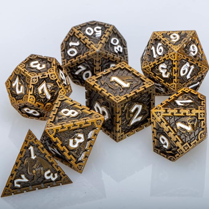 ARUOHHA DND Metal Dice Set Dragon Design Dice Set with Gift Box, Role Playing Games Antique Gold Polyhedral RPG D and D Dice D20 D12 D10 D8 D6 D4