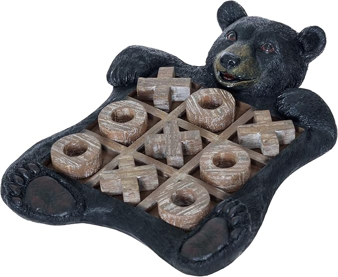 Pine Ridge Black Bear Tic Tac Toe Tabletop Game - Tic Tac Toe Decorative Game Teddy Bear Black Rustic Wilderness Home Decor - Indoor Recreational Games Black Bear Decor