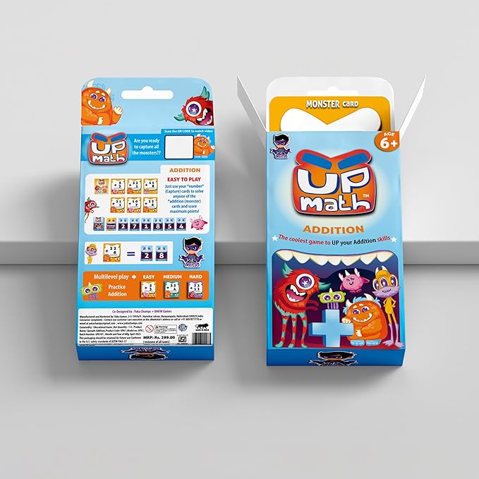 YUKA Champs UPMATH Addition Monster Theme 3 Levels Easy Medium and Hard Maths Flash Card Educational Brain Game Pre-School Children 6+ Years (Addition Card)