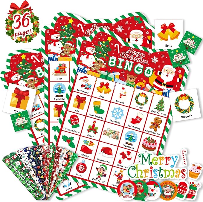 Christmas Bingo Game - Christmas Bingo for Kids Adults, 36 Players Bingo Cards Christmas Games with Reward Stickers Christmas Slap Bracelets for Classroom Activities Family Party Favors Xmas Gifts