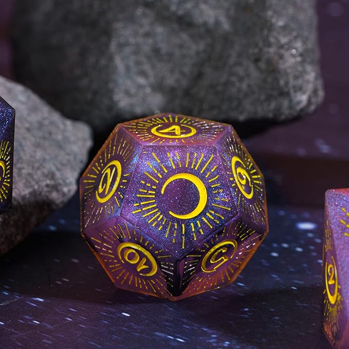 Cusdie Sharp Edges DND Dice, 7 PCs Moon Dice Set D&D Dice, Handcrafted Polyhedral Dice Set, for Role Playing Game Pathfinder(Moon/Purple Black)