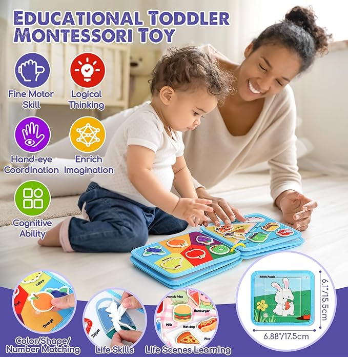 Lehoo Castle Montessori Busy Board for Toddlers 2-4, Busy Book for Toddlers 1-3, Activity Books for Airplane Car, Toys for 2 Year Old Boy Gift, Sensory Travel Toys, Preschool Busy Book (Dino)